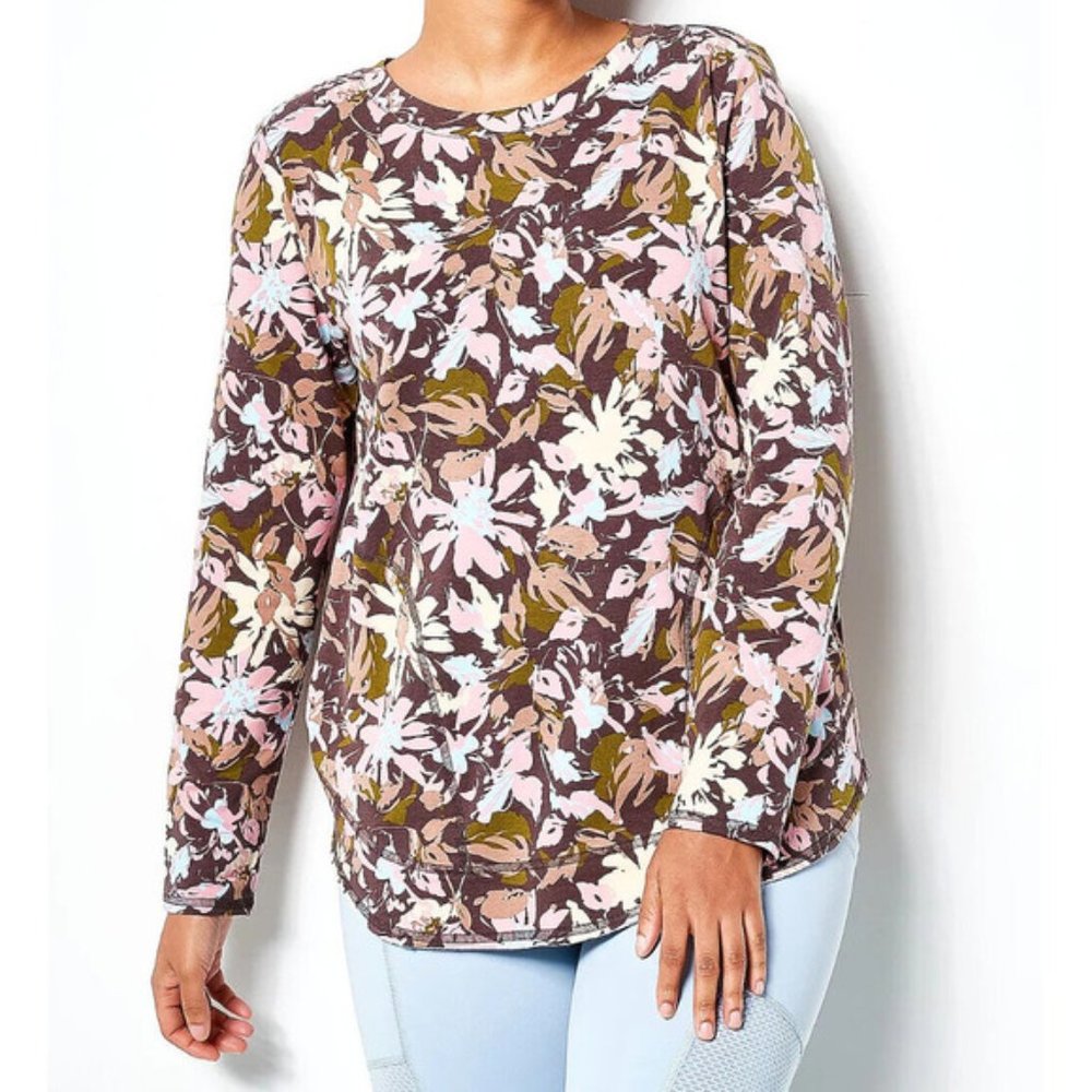 Zuda Z-Knit Curved Hem Long Sleeve Pullover Pocket Floral Size XL